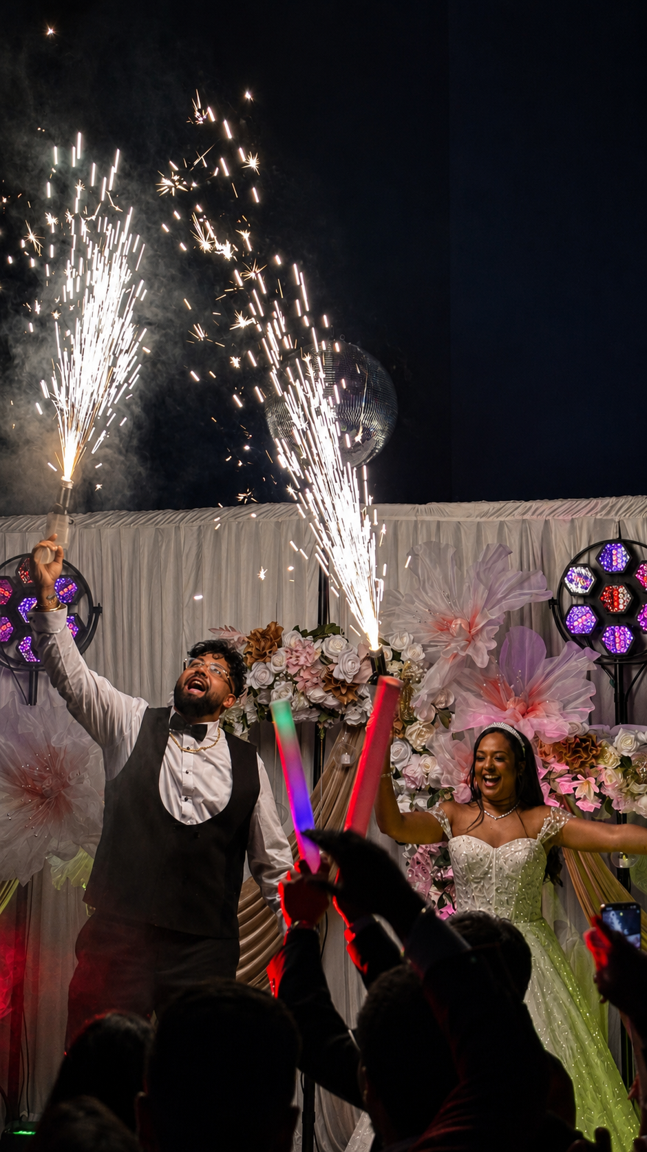 Handheld sparkler guns at a wedding in Leicester